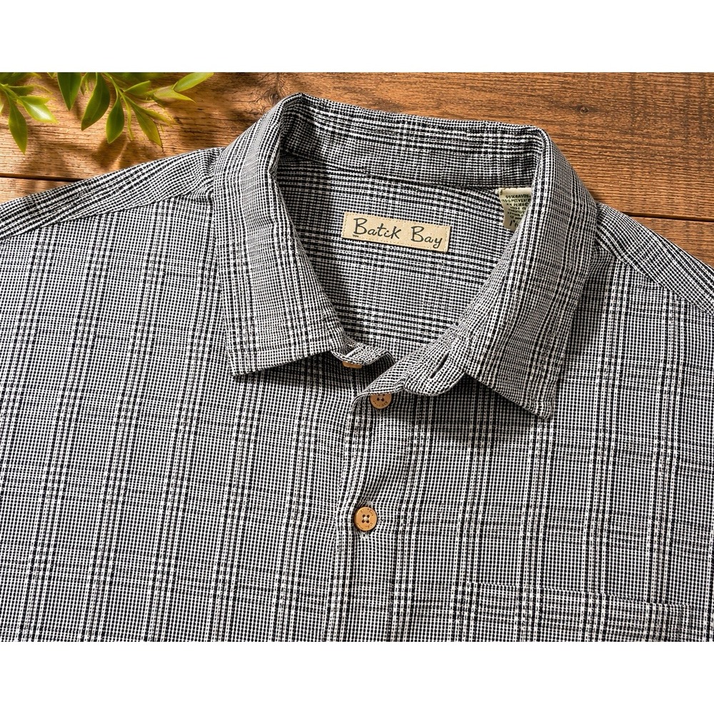 Batik Bay Shirt Mens XXL Black White Plaid Rayon Blend Short Sleeve Button Up - Picture 3 of 10